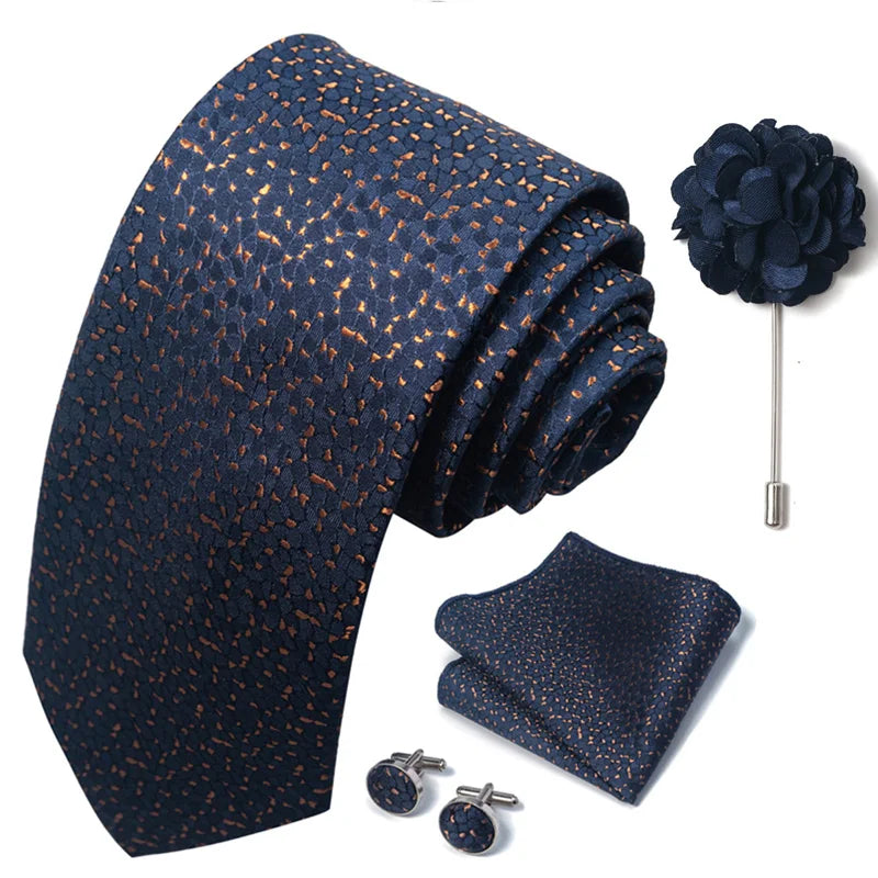 Luxury Mens Ties Floral Black Gold Ties Paisley NeckTie Pocket Square Cufflinks Brooch Set Men's Wedding Party Tie