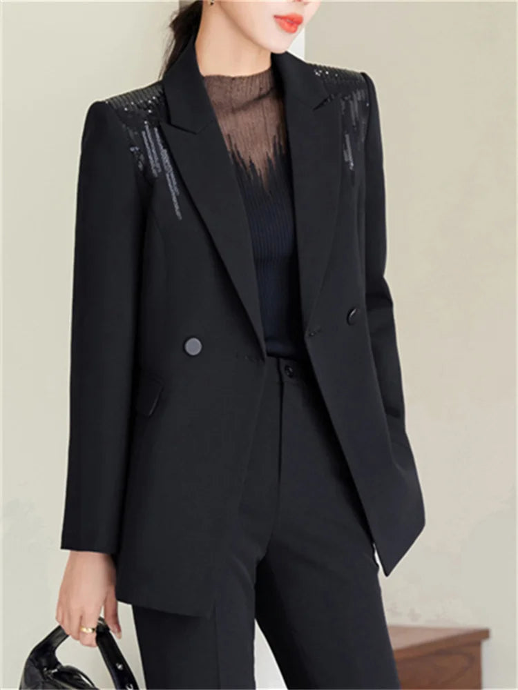 Yitimuceng Solid Office Wear Women 2 Piece Sets 2025 New Fashion Sequins Long Sleeve Blazers Chic High Waist Flare Pants Suits
