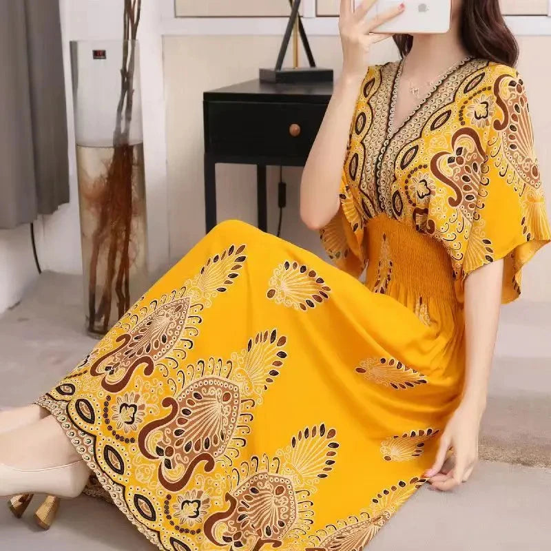 Spring New In Women's Dress V-Neck Short Sleeve Dress Elegant Sweet Print Dress Casual Retro Boho Elastic Waist A-Line Dress