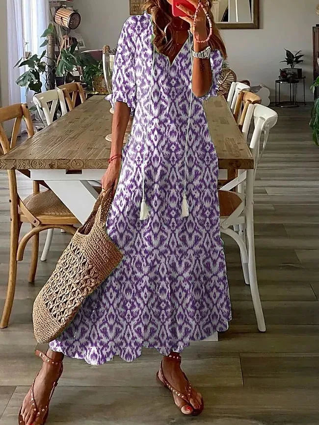 New Women's Spring Summer Dress Sexy V-neck Drawstring Printed Long-sleeved Dress Casual Loose Fashion Elegant Fresh Sweet Dress