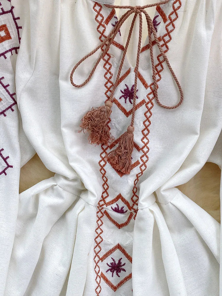 Women's Spring Dress Bohemian Retro Ethnic Style Diamond Cotton Linen Blend Embroidered Lantern Sleeves Mini Dress DS003