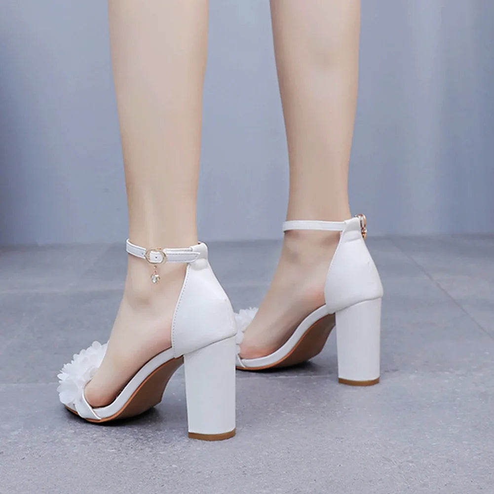 Flower Band Bridesmaide Shoes Woman Wedding High Heels Sandals Ankle Strap Wedges Cover Heeled Tacones Ladies Office Dress Pumps