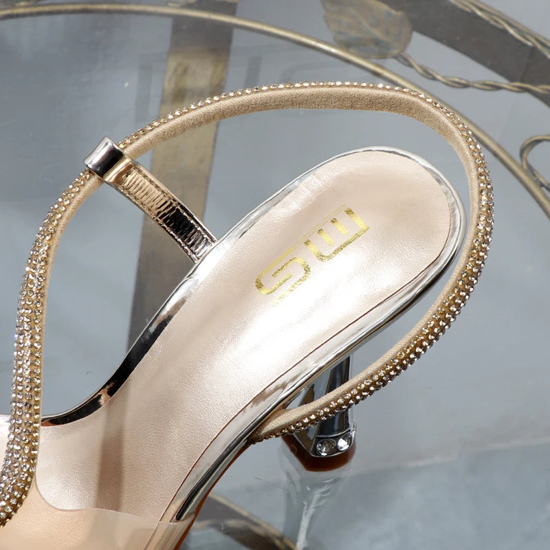 elegant woman heeled shoes sandals in autumn 2023 pointed rhinestones with stiletto heels transparent belts to wear women shoes