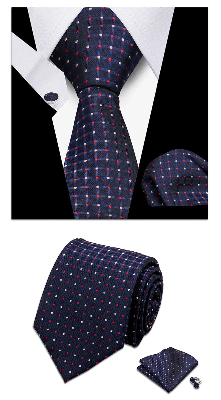 Classic Elegant Ties For Men Fashion Gifts Striped Solid Necktie Handchief Cufflink 3 Pcs Set Wedding Business Suit Accessories