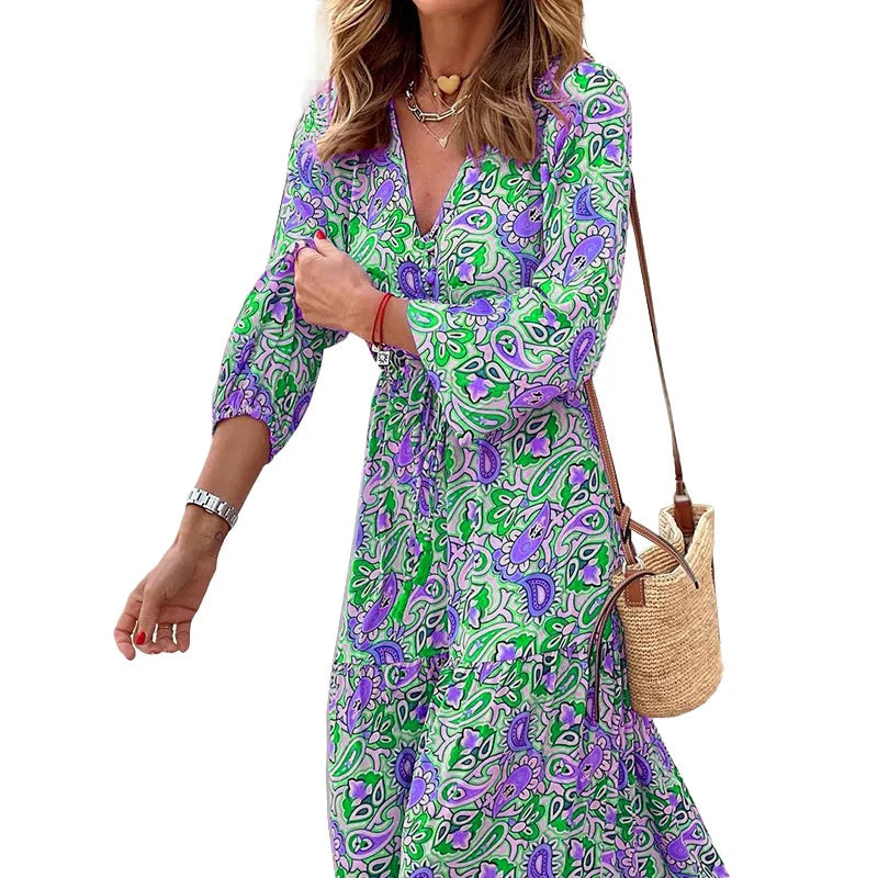 Elegant Women's Flower Long Dresses 2024 Spring New Bohemian Printed Dress Abıye Kadın Abiye Платье Robe Ete Femme Vestidos