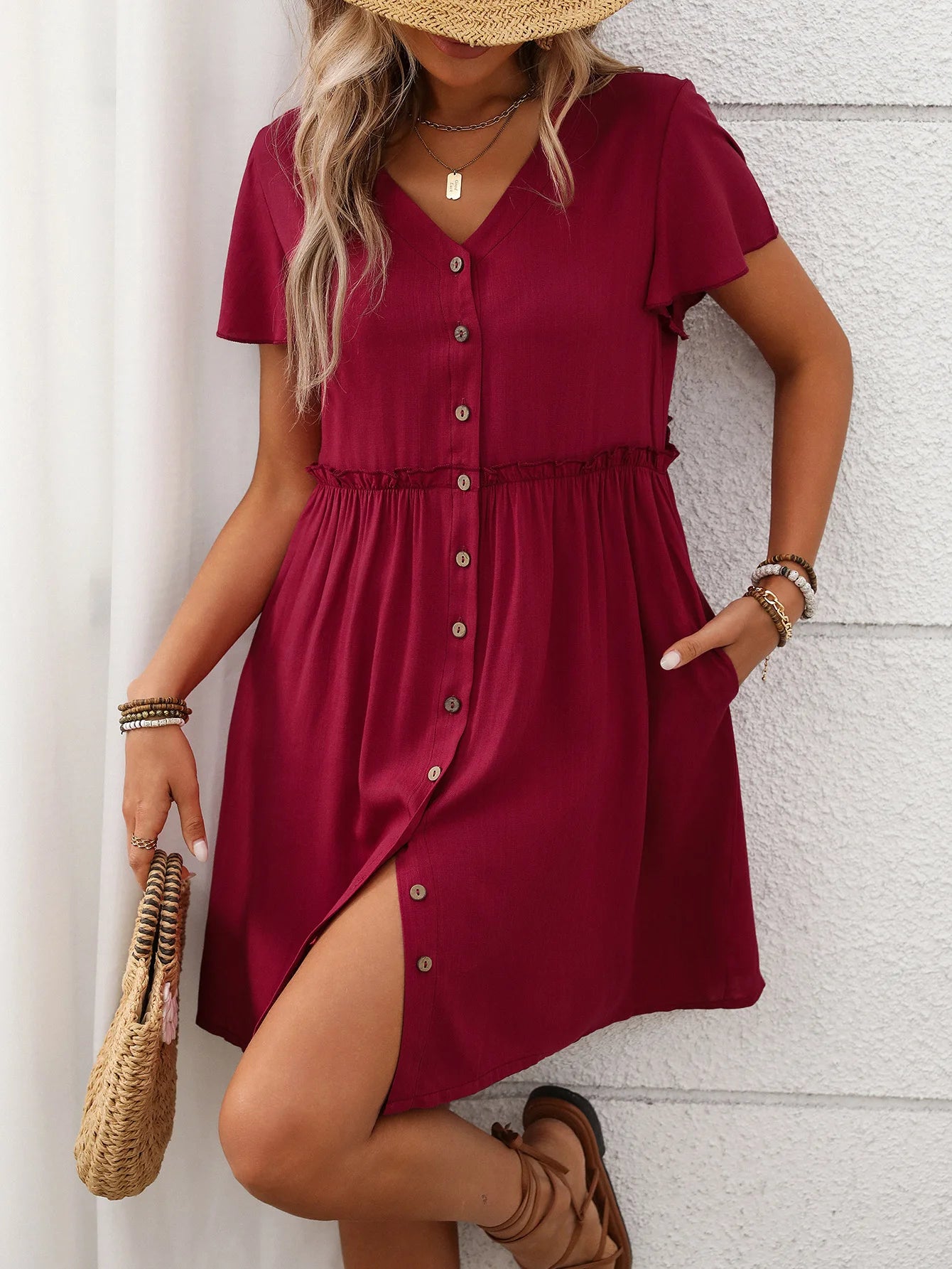 Spring Summer Button Down Dress Flutter Sleeve Cotton Linen A Line Dress With Pockets Beach Summer Knee Length Dresses For Women