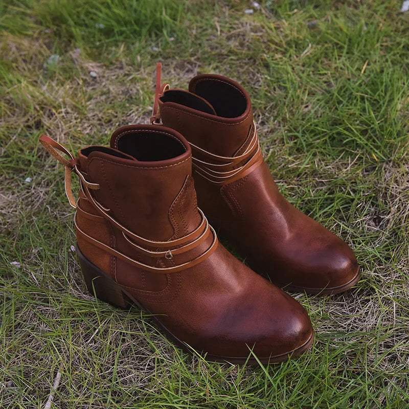 Women Boots 2022 Autumn Vintage Boots Women Chunky Heels Lace-up Booties Heeled Ankle Boots Botas De Mujer