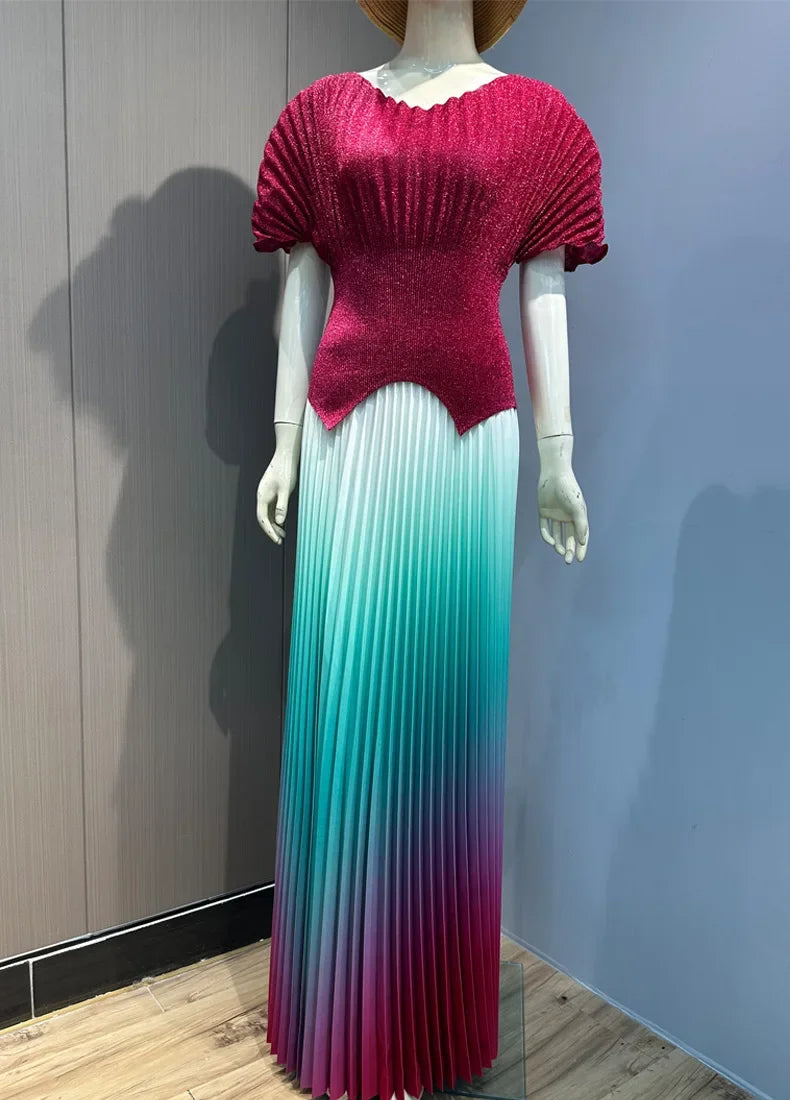 ANLAN Pleated 2 Pieces Set Women Fashion V Neck Short Batwing Sleeves Irregular Hem T-shirt&New Gradient A-line Folds Long Skirt