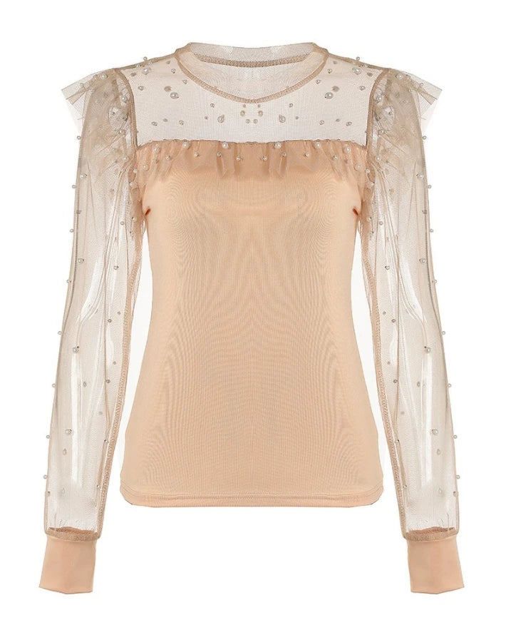 Tops for Women 2024 Summer Casual Beaded Sheer Mesh Ruffles O-Neck Long Sleeve Top Fashion Female Blouses Elegant Clothing
