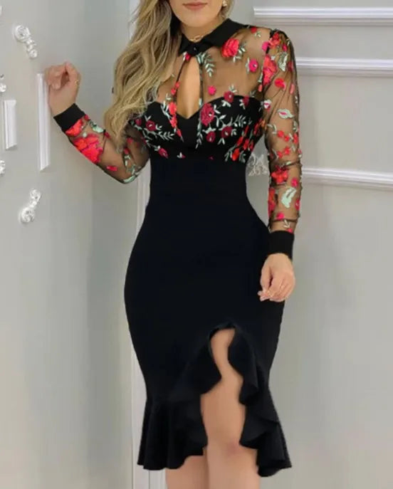 Spring Summer Sexy Mesh Ruffle Dress 2024 Wome Long Sleeve Irregularity Midi Dress Fashion Print Elegant Party Dresses