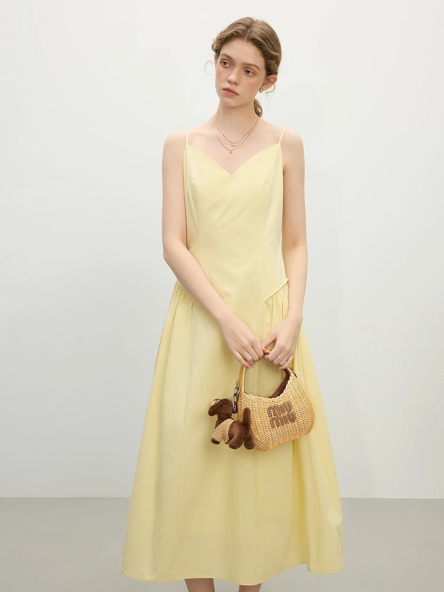 FSLE【4 Colors】Women Spring Strappy Dress 100% Cotton Temperament Simple A-LINE Dresses 2025 Spring White Dress 25FS11073