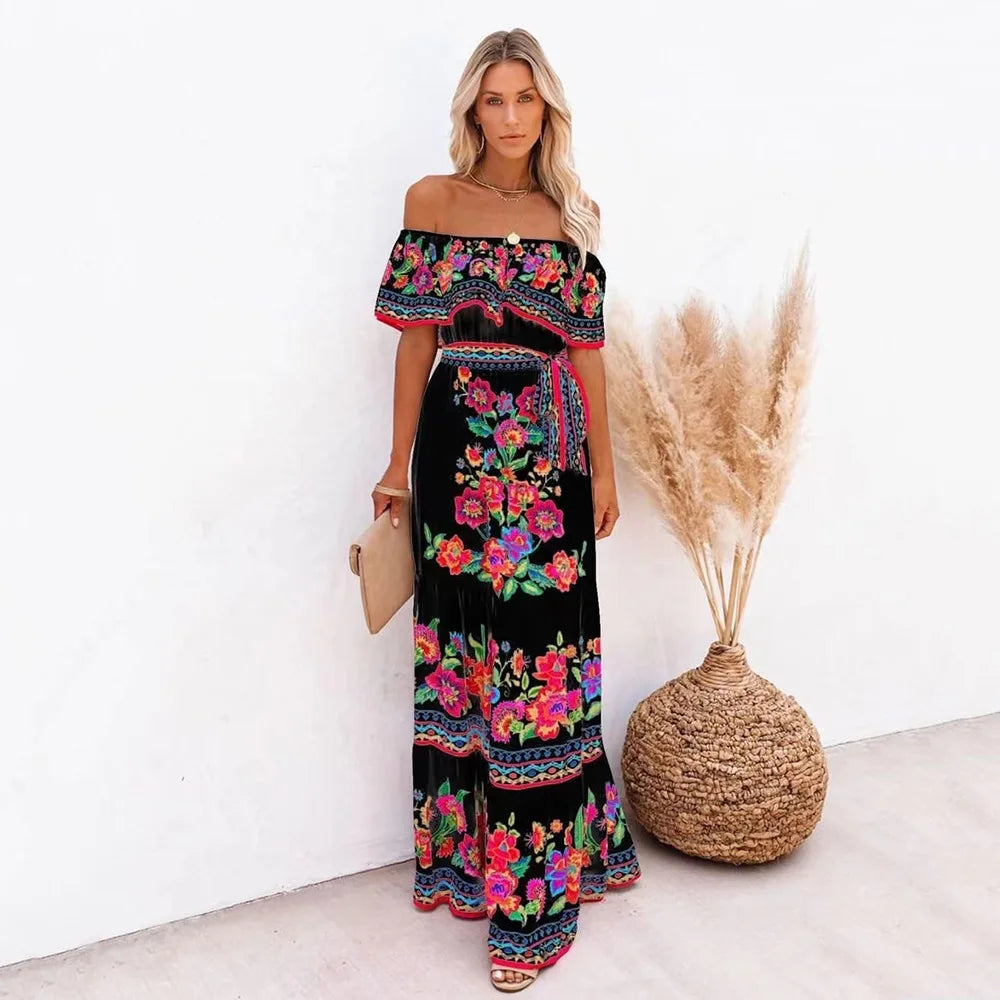 2024 Spring Summer Women's New Sexy One Shoulder Off Shoulder Fashion Red Flower Printed Lace Up Waist Long Swing Dress