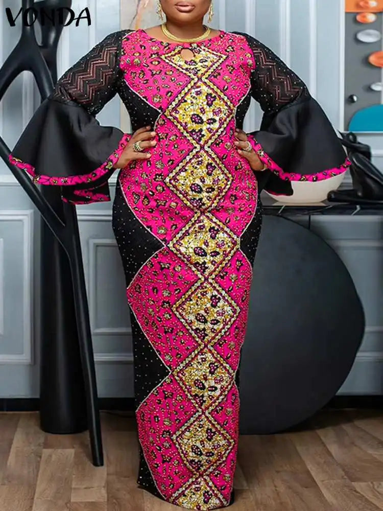 VONDA Women Summer Maxi Dress 2025 Vintage 3/4 Sleeve Printing Sundress Beach Robe Bohemian Bat-wing Sleeve Vestidos Polyester