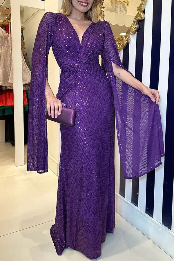 Autumn Winter Luxurious Sexy Sequins Cocktail Party Dress Prom Gown Cloak Sleeve V Neck Folds Corset Evening Floor Length Dress