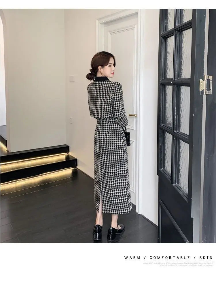 Spring Autumn New Dress Set Women Turn-down Collar Long Sleeve Button Patchwork Cardigan Elegant Slim All-match Slip Dresses