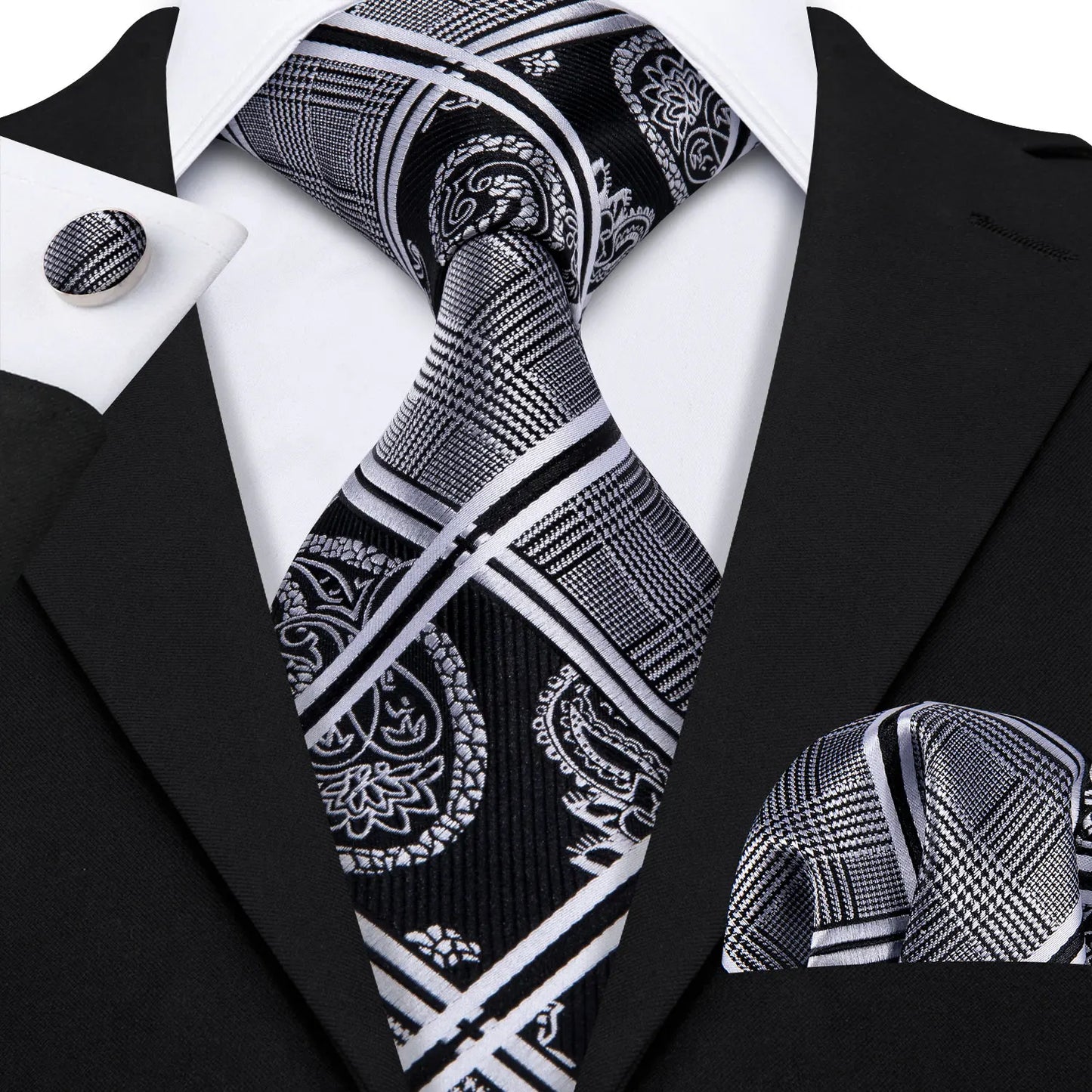 Barry.Wang Black White Gray Silver Silk Men Tie Handkerchief Cufflinks Set Jacquard Necktie for Male Wedding Business Party Gift