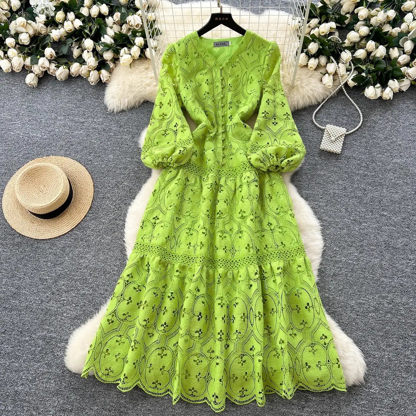 Spring French Vacation Fashion Dress Women Buttons Hook Flower Hollow Out Design 2025 High Quality Lace Ruffles Long Dress