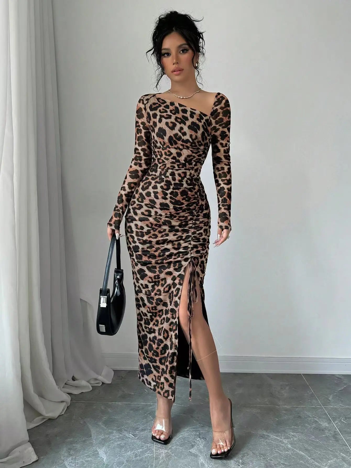 Sexy Leopard Print Women's Dresses Fashion Ruffled Sexy Slit Party Dress For Women Spring Summer Bodycon Package hip Vestidos