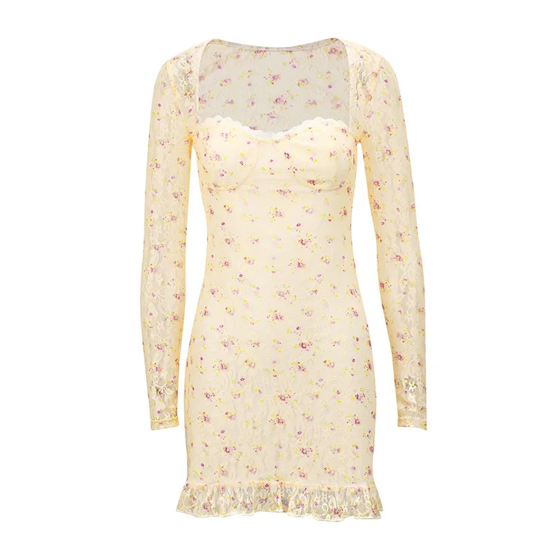 Spring Women Mini Dresses Sexy Lace Print See Through Dresses Fashion Long Sleeves Casual Slim Elegant Female Club Party Dress