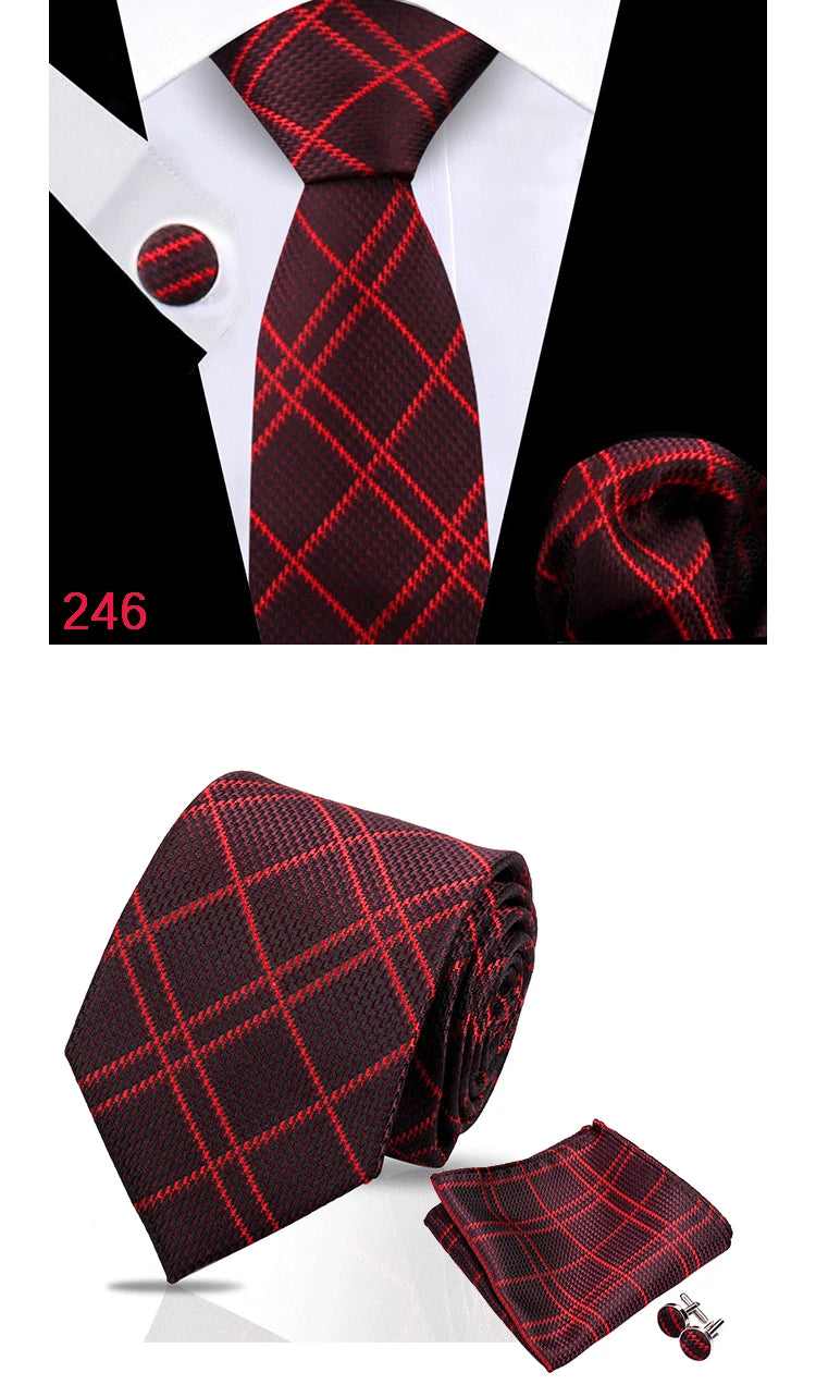 Luxury Plaid Tie For Mens Necktie Handkerchief Pocket Square Cufflinks Set Jacquard Woven Ties Wedding Business Accessories