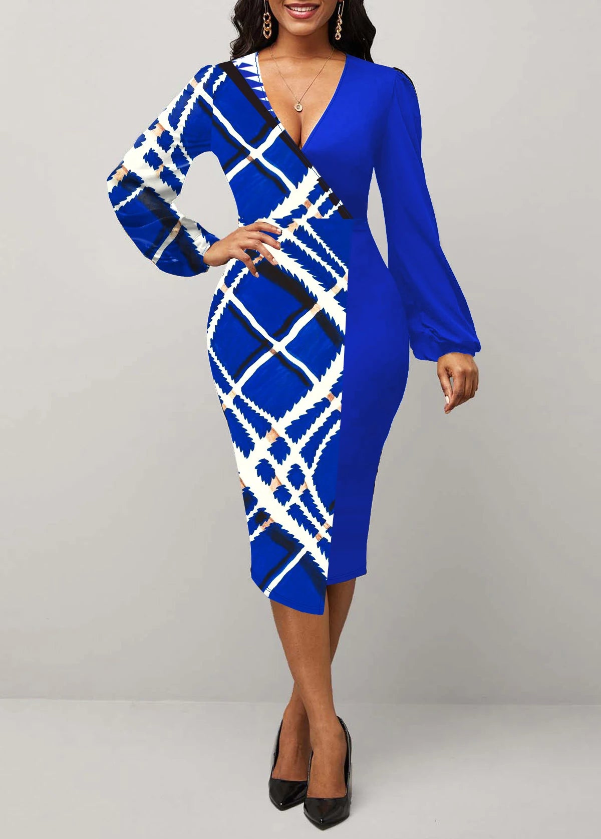 Plus Size Plaid Print Splicing Dress Elegant Surplice Neck Long Sleeve Dress Women's Plus Size Clothing