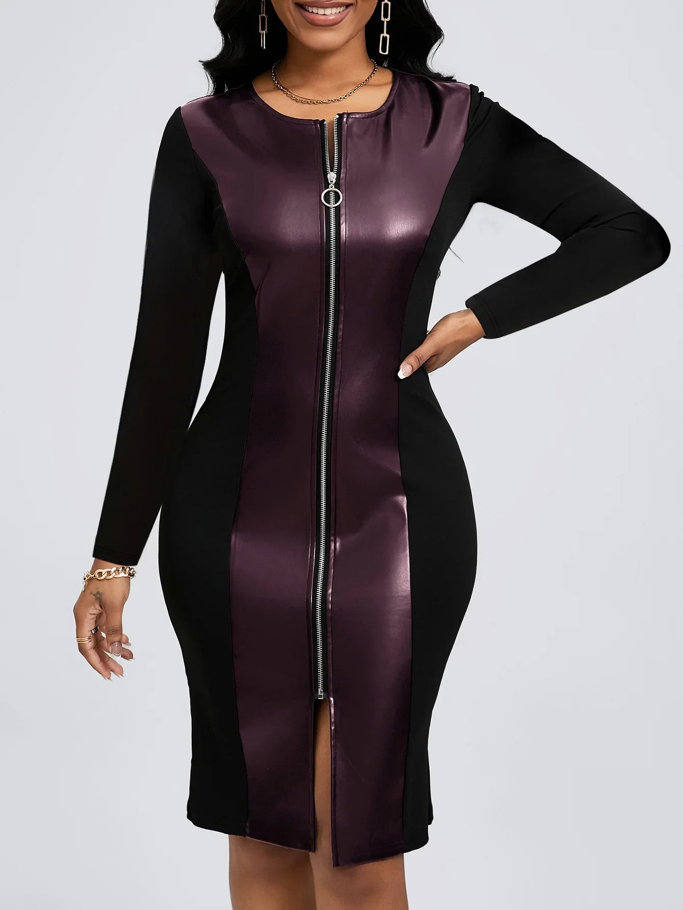 Plus Size Elegant Zipper PU Leather V-Neck Midi Long Sleeve Bodycon Dress Women's plus Size Dress Fashionable Cross-Border Gown
