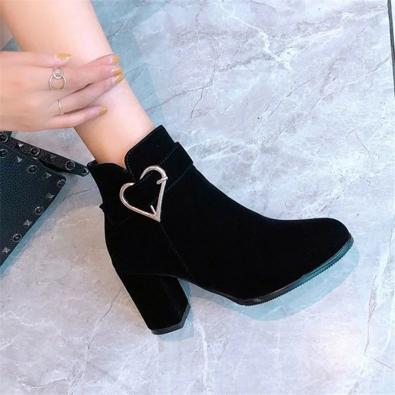Women's Chunky Heeled Ankle Boots, Solid Color Side Zipper High Heels, Stylish Short Boots