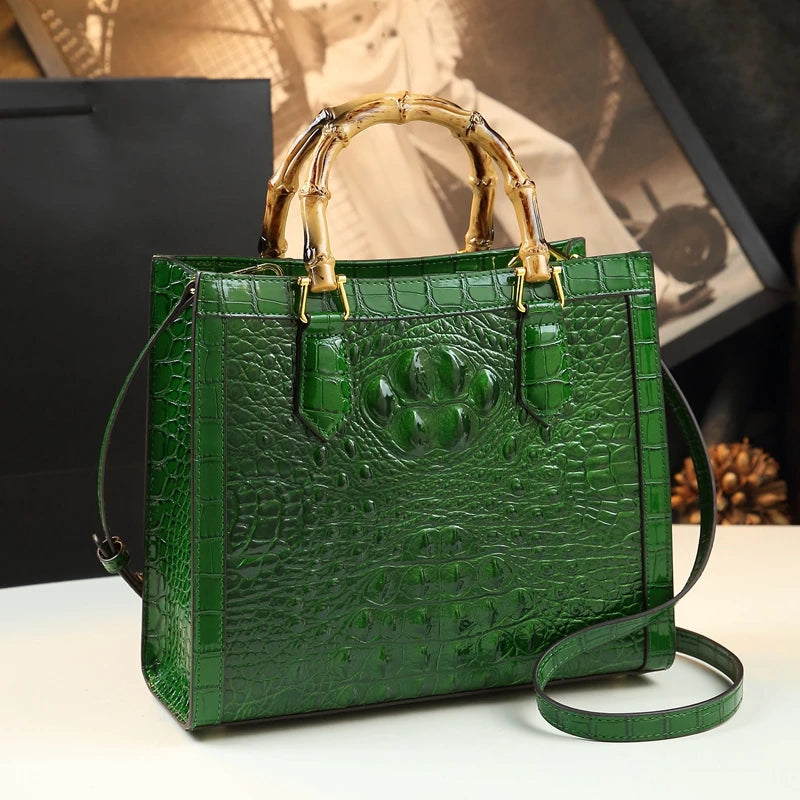 Crocodile Pattern Leather Women's Handbags Bamboo Handle Portable Tote Bag Mom Tide Shoulder Messenger Bags 2025 New Fashion