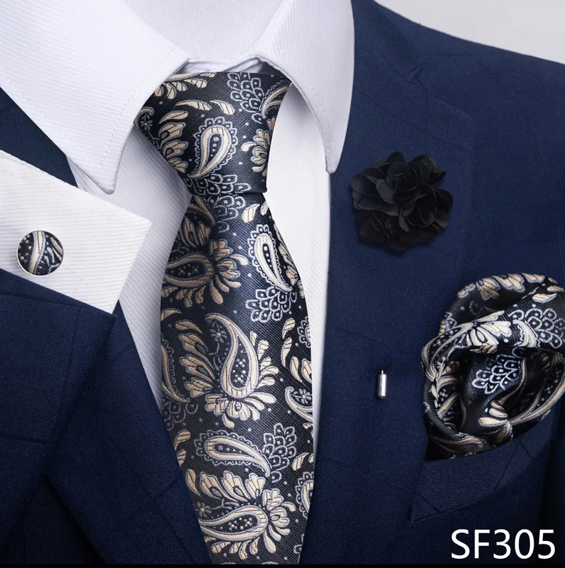 Luxury Mens Ties Floral Black Gold Ties Paisley NeckTie Pocket Square Cufflinks Brooch Set Men's Wedding Party Tie