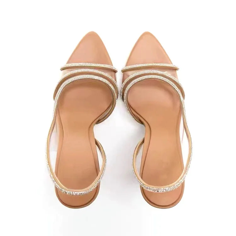Thin Heel High Heels Women's 2024 Summer New Fairy Style Sexy Shallow Mouth Back Hollow Pointed Water Diamond Open Toe Sandals