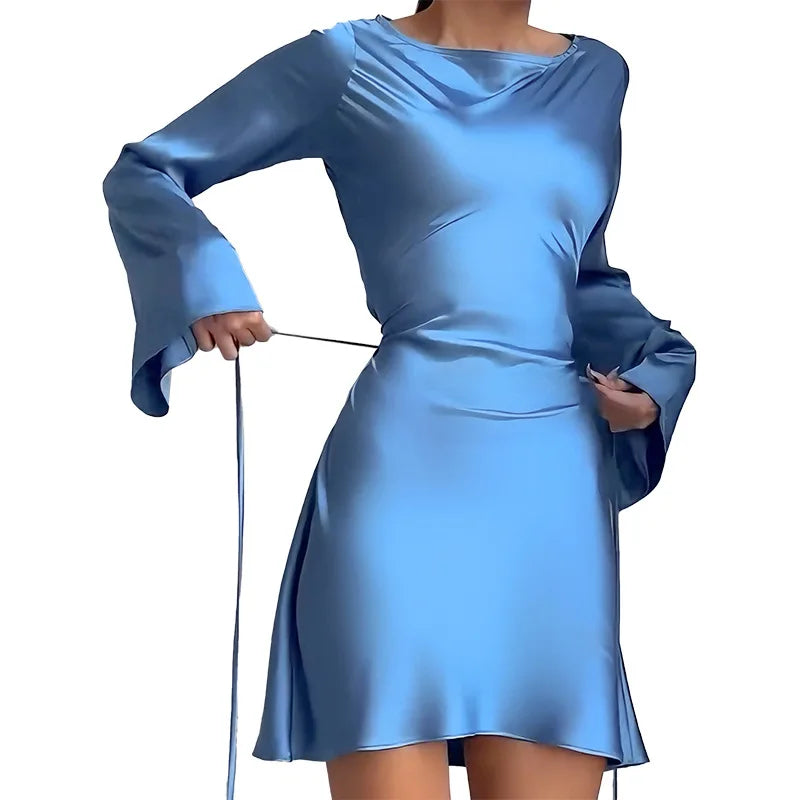 Satin Dress for Women Fashion Vintage Streetwear Dresses Solid Slim Long Sleeve Lace Up Mini Autumn Winter Dresses