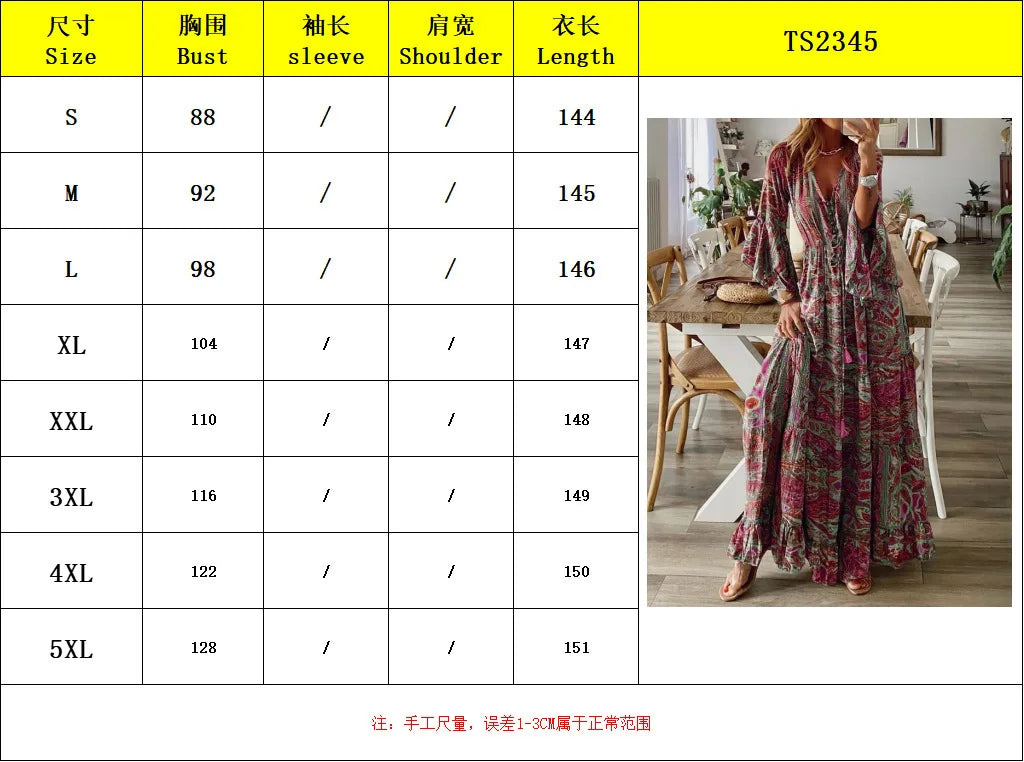 Spring Autumn Fashion Women's Dress Bohemian Style Retro Printed V-neck High Waist Bell Sleeve Loose Casual Floral Long Dress