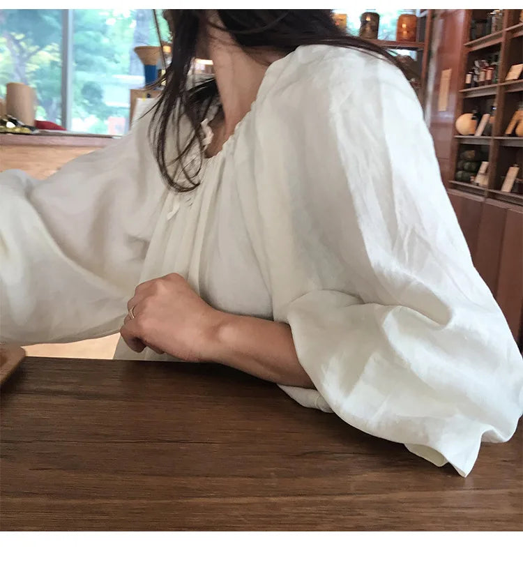 2025 New Spring Cotton Linen Dress for Women Solid Long Sleeve Drawstring Office Lady Elegant Maxi Dress
