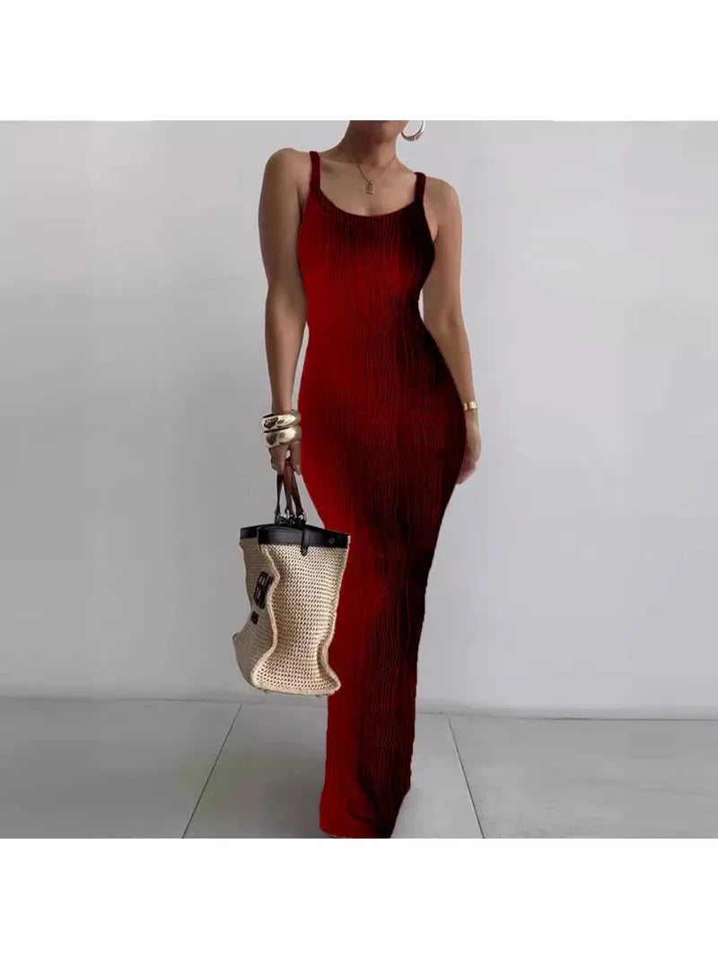 Mandylandy Tight Sexy Bodycon Dress Women Summer Slim Fits High Waist Camis Sleeveless Dress High Waist Skinny Long Dresses