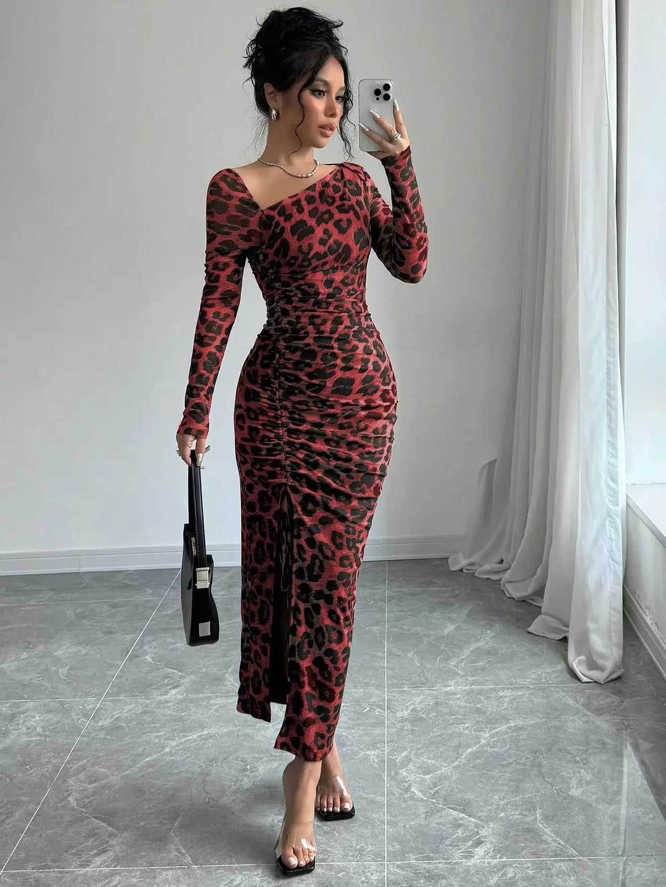Sexy Leopard Print Women's Dresses Fashion Ruffled Sexy Slit Party Dress For Women Spring Summer Bodycon Package hip Vestidos