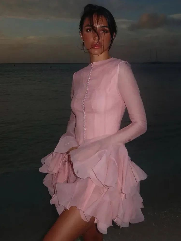 Solid Women Layered Ruffles Midi Dress Fashion Irregular Pleated A-line Long Sleeve Button Robe 2025 Female High Street Vestidos