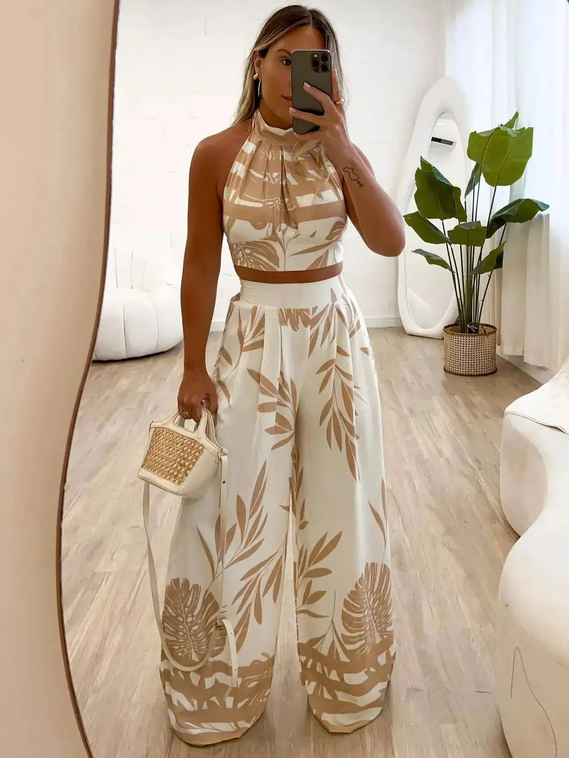 Boho floral print pant sets women fashion high waist pants outfit sexy sleeveless backless crop tops two pieces sets