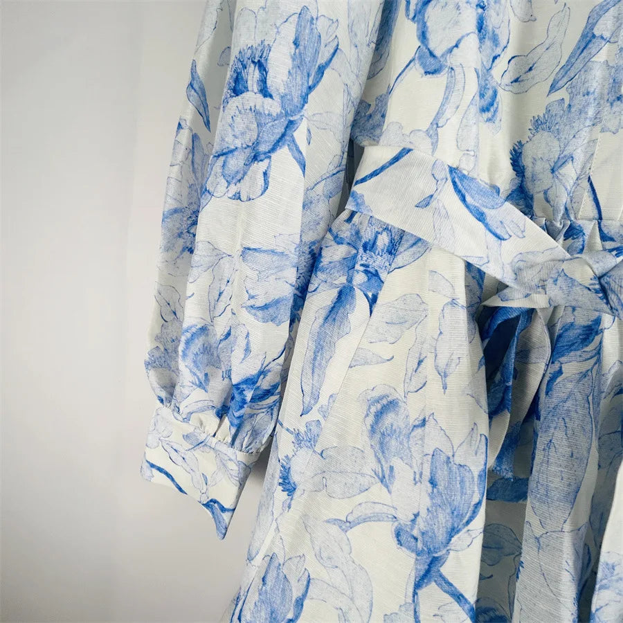 Lightweight Blue Printed Dress with Lace-up Waist Shirt Collar Ruffle 25 Spring and Summer New Style Dresses for Women Elegan