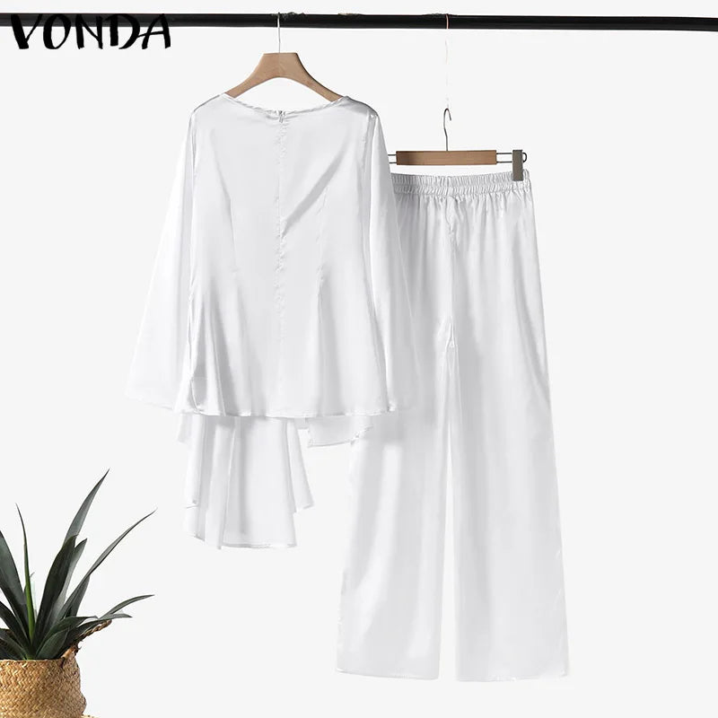 Plus Size VONDA 2024 Women Ruffled Sets Fashion Solid Color Suits Long Sleeve Irregular Top Patchwork Fitting Outfits 2pcs