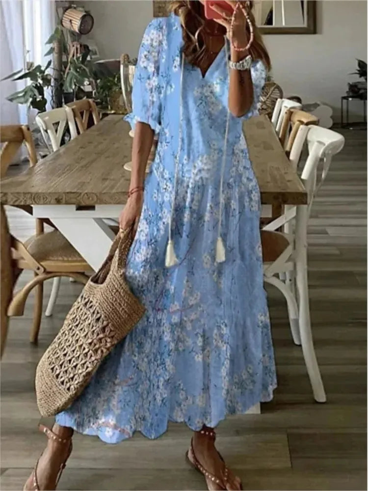 New Women's Spring Summer Dress Sexy V-neck Drawstring Printed Long-sleeved Dress Casual Loose Fashion Elegant Fresh Sweet Dress