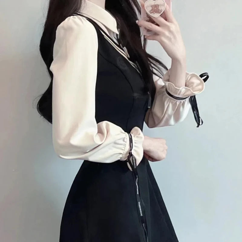 Spring Summer Fashion Fake Two Pieces Dresses Women High Street Turn-down Collar Long Sleeve Dress Elegant Button Bow Vestidos