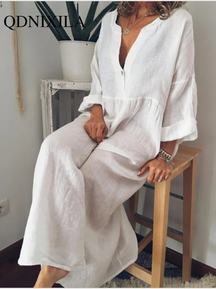 New in Spring Elegant Long Dresses for Women Long Sleeved V-neck Fashion Summer Dresses 2024 Loose Retro Female Clothing Robe