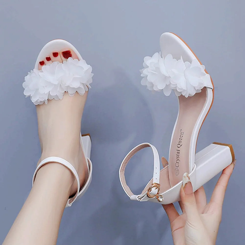 Flower Band Bridesmaide Shoes Woman Wedding High Heels Sandals Ankle Strap Wedges Cover Heeled Tacones Ladies Office Dress Pumps