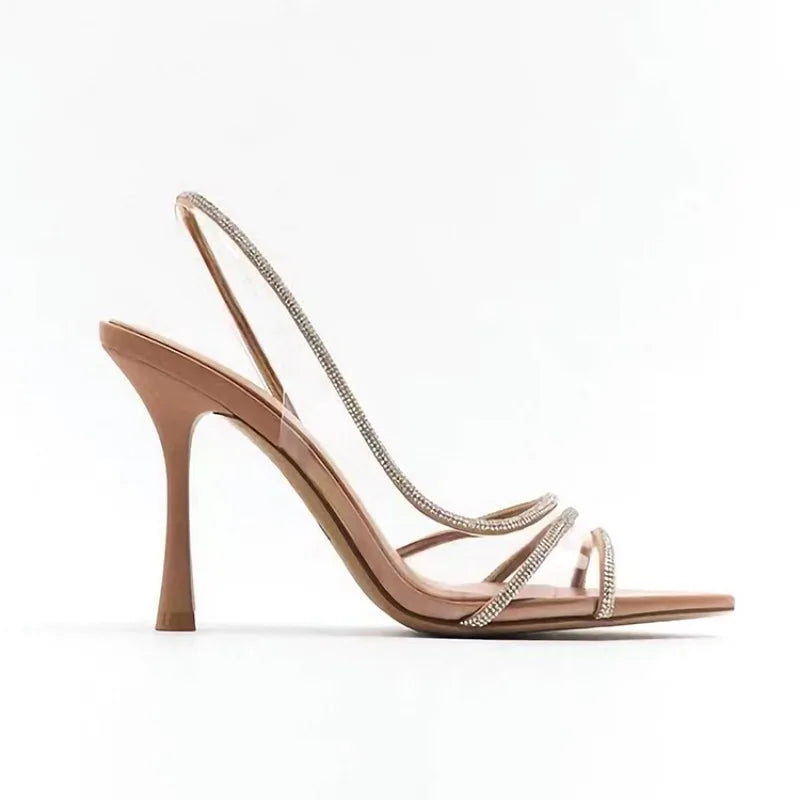 Thin Heel High Heels Women's 2024 Summer New Fairy Style Sexy Shallow Mouth Back Hollow Pointed Water Diamond Open Toe Sandals