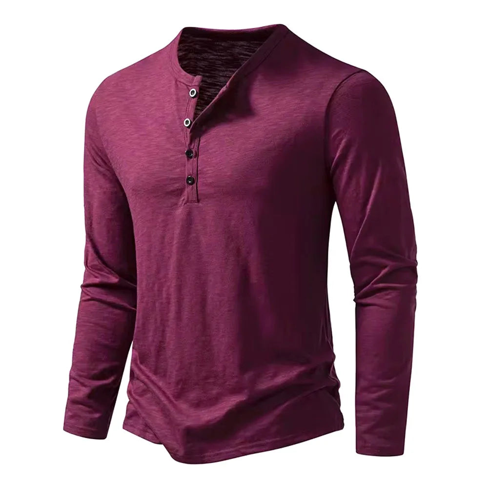 Autumn New Men's Cotton Button Long Sleeve Henley Neck T-Shirt Casual Solid Color Breathable Versatile Fashion Slim T-Shirts
