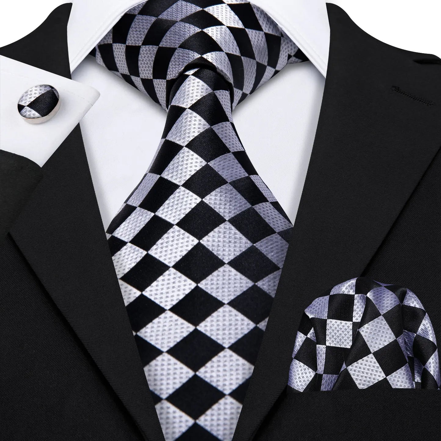Barry.Wang Black White Gray Silver Silk Men Tie Handkerchief Cufflinks Set Jacquard Necktie for Male Wedding Business Party Gift