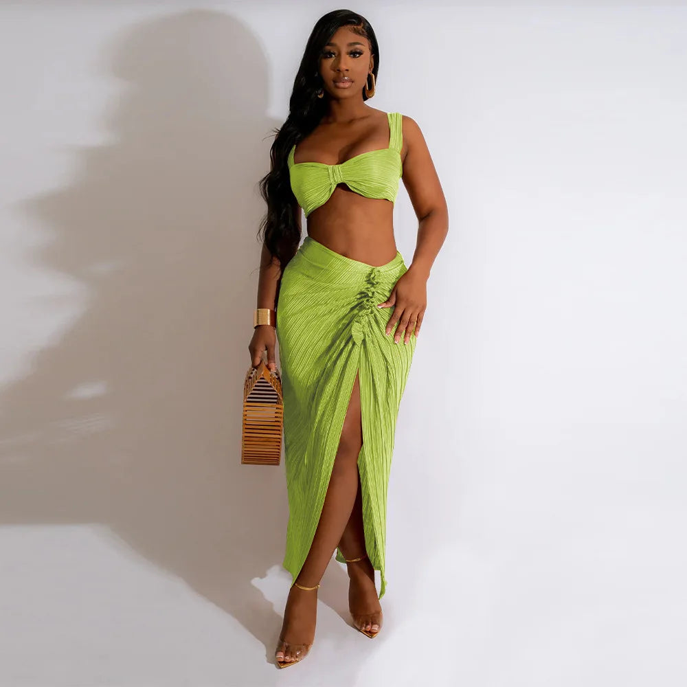 Summer Dresses for Women Two Pieces Set Sexy Backless Halter Top and High Waist Side Slit Pleated Skirt Matching Lady Streetwear