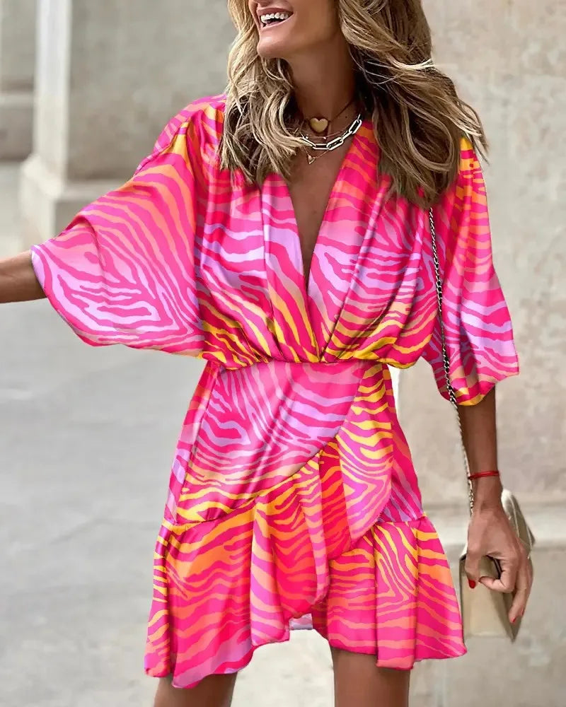 spring Irregular Mini Dress For Women Fashion Print Casual Bohemia Style Vacation Sundress Women's Bat Sleeve Ruffles Dresses