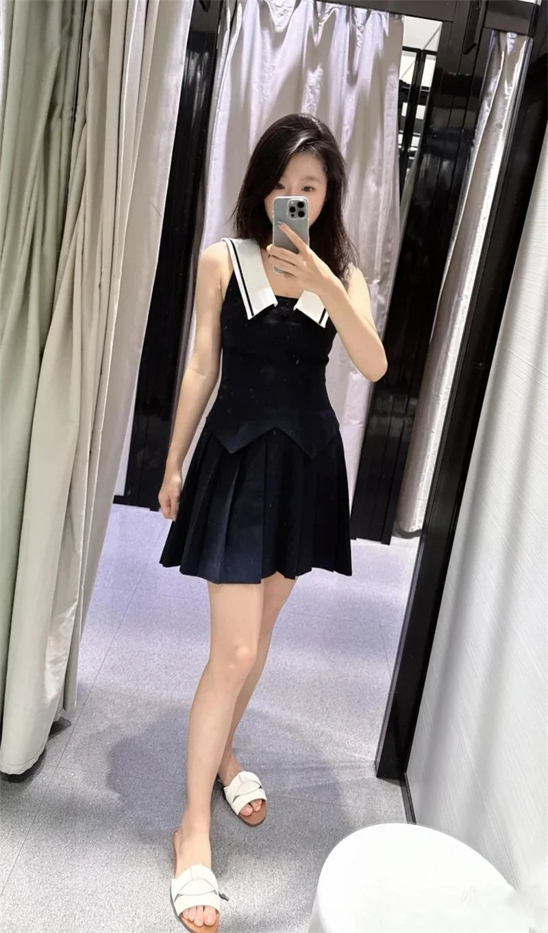 Women's Dresses New Summer 2025 Sailor Suit Style Wide Pleated Cropped Dress Fashionable Color-Blocking Sexy Cute Personality