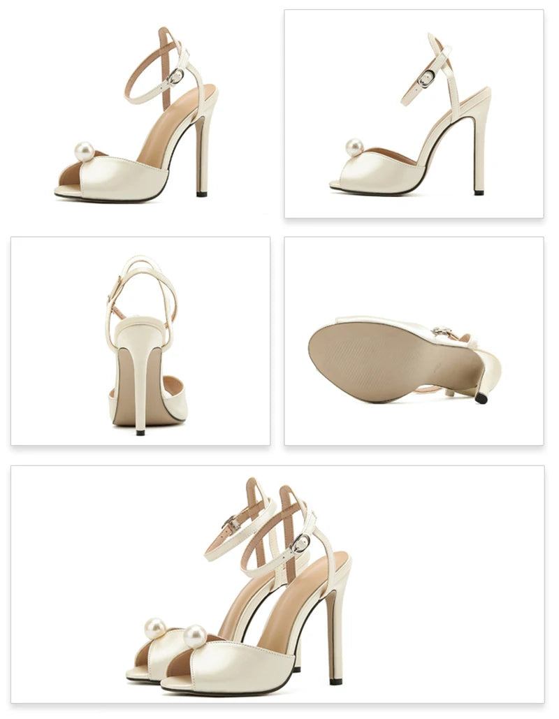 Liyke High Quality Cozy Silk Peep Toe 11CM Thin Heels Gladiator Sandals Women Fashion Pearl Designer Shoes Ankle Strap Sandalias